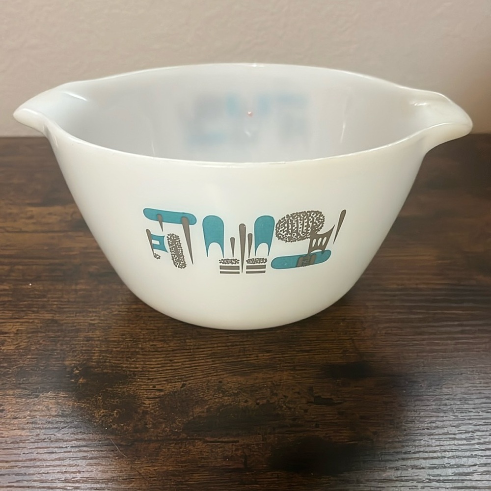 Mid century atomic white and turquoise bowl
